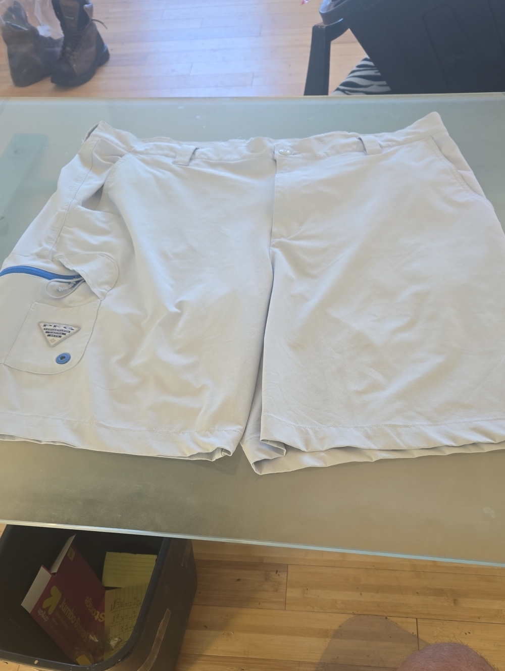 Columbia Men's Light Tan Flat Front Shorts with Blue Trim